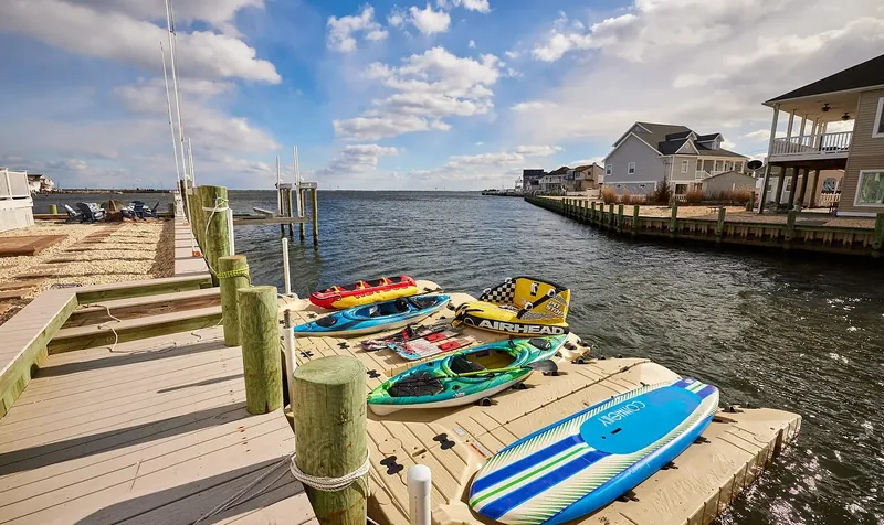 Kayaks and paddleboards on the floating dock