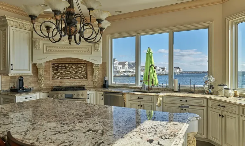 Granite kitchen looking out over Barnegat Bay