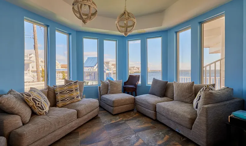 Living room in the bay-window turret at 256 Cedar Drive